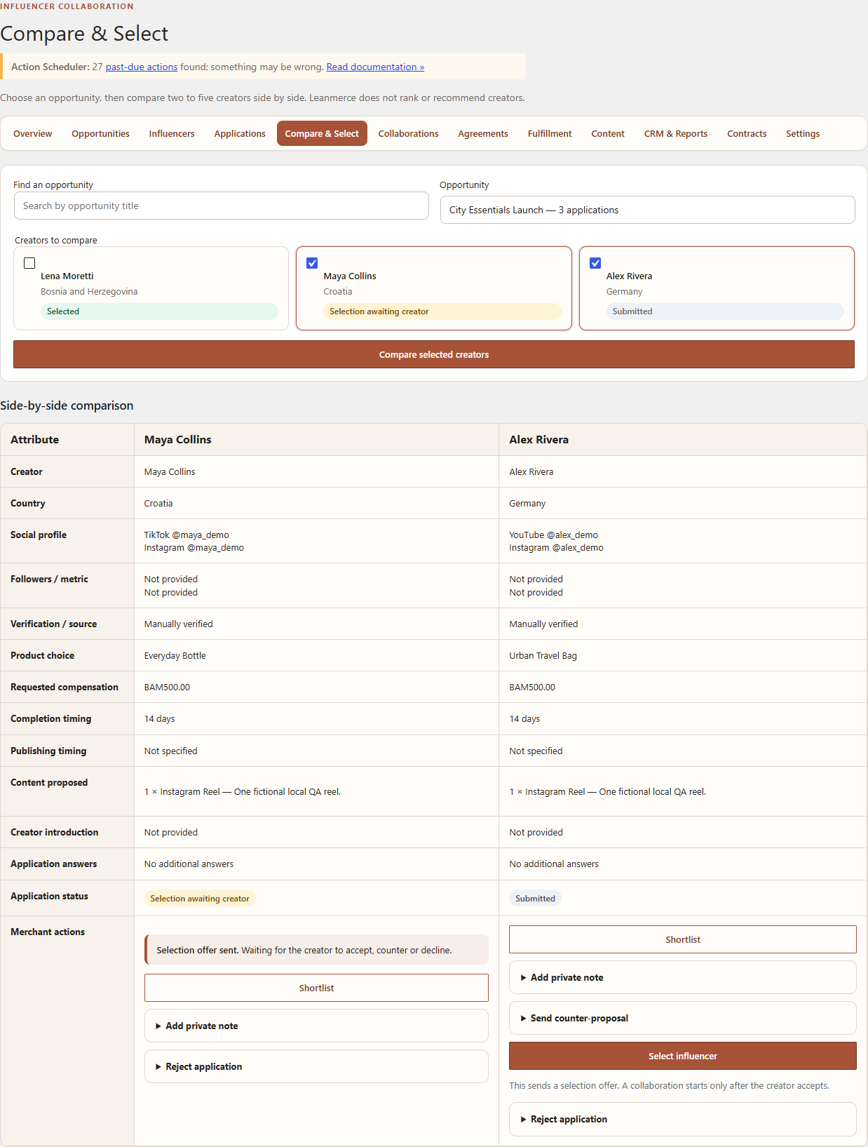 Compare & Select in Leanmerce Influencer Collaboration