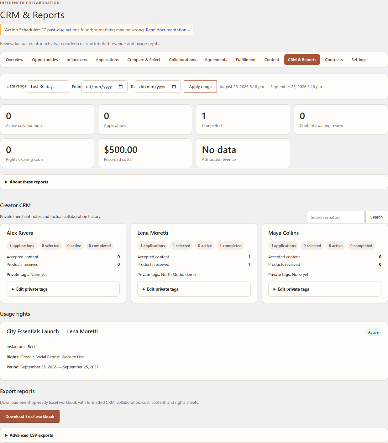 CRM / reports in Leanmerce Influencer Collaboration