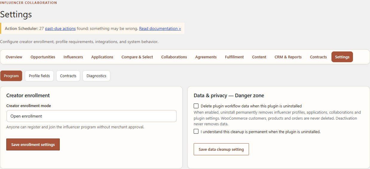Program settings in Leanmerce Influencer Collaboration