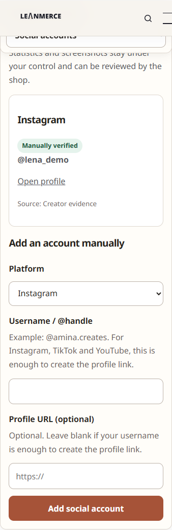 Social accounts in Leanmerce Influencer Collaboration