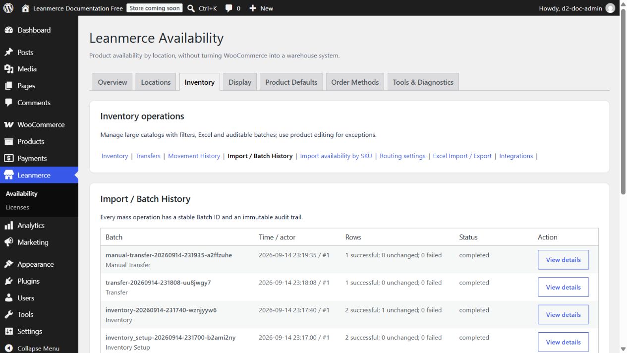 Batch History with completed Inventory, transfer and reverse operations