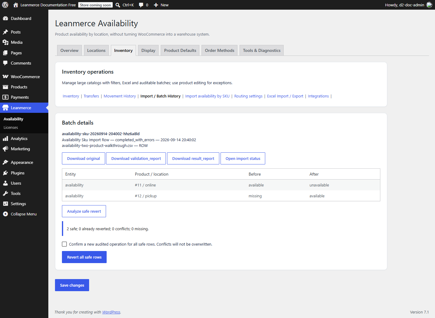 Batch details showing safe-revert analysis
