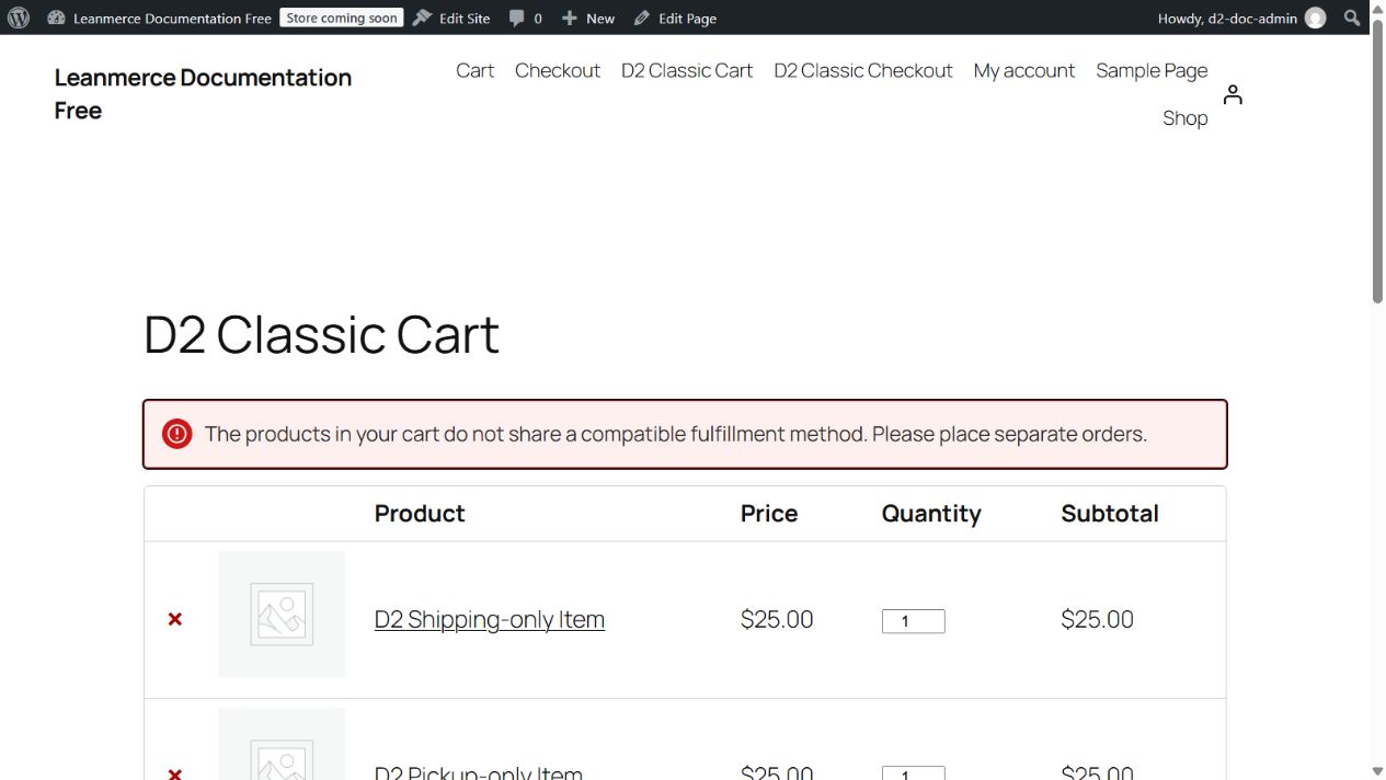 Classic cart showing the same mixed-cart conflict