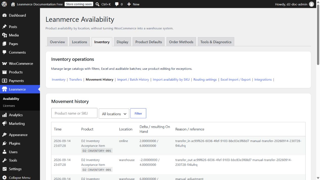 Movement History contains the matching transfer-out and transfer-in rows