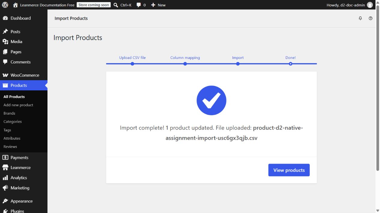 Native WooCommerce CSV import completed for one existing product