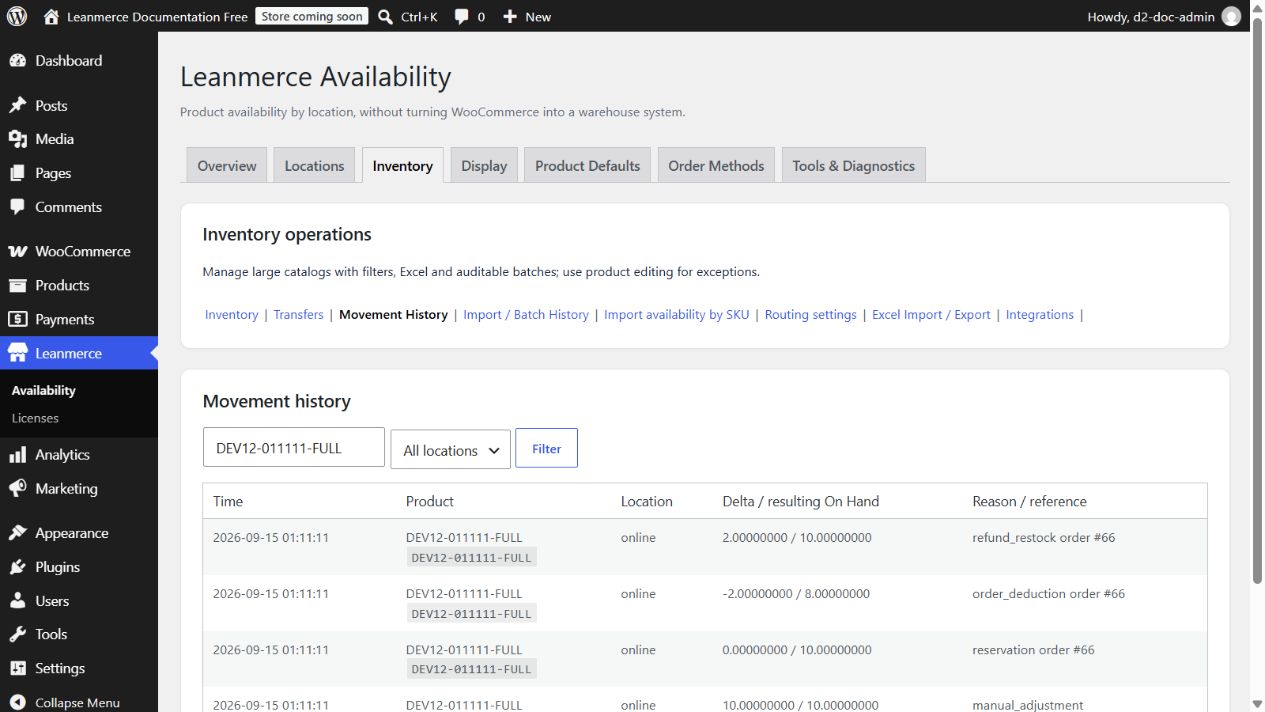 Movement History showing refund_restock restored two units to the original online location