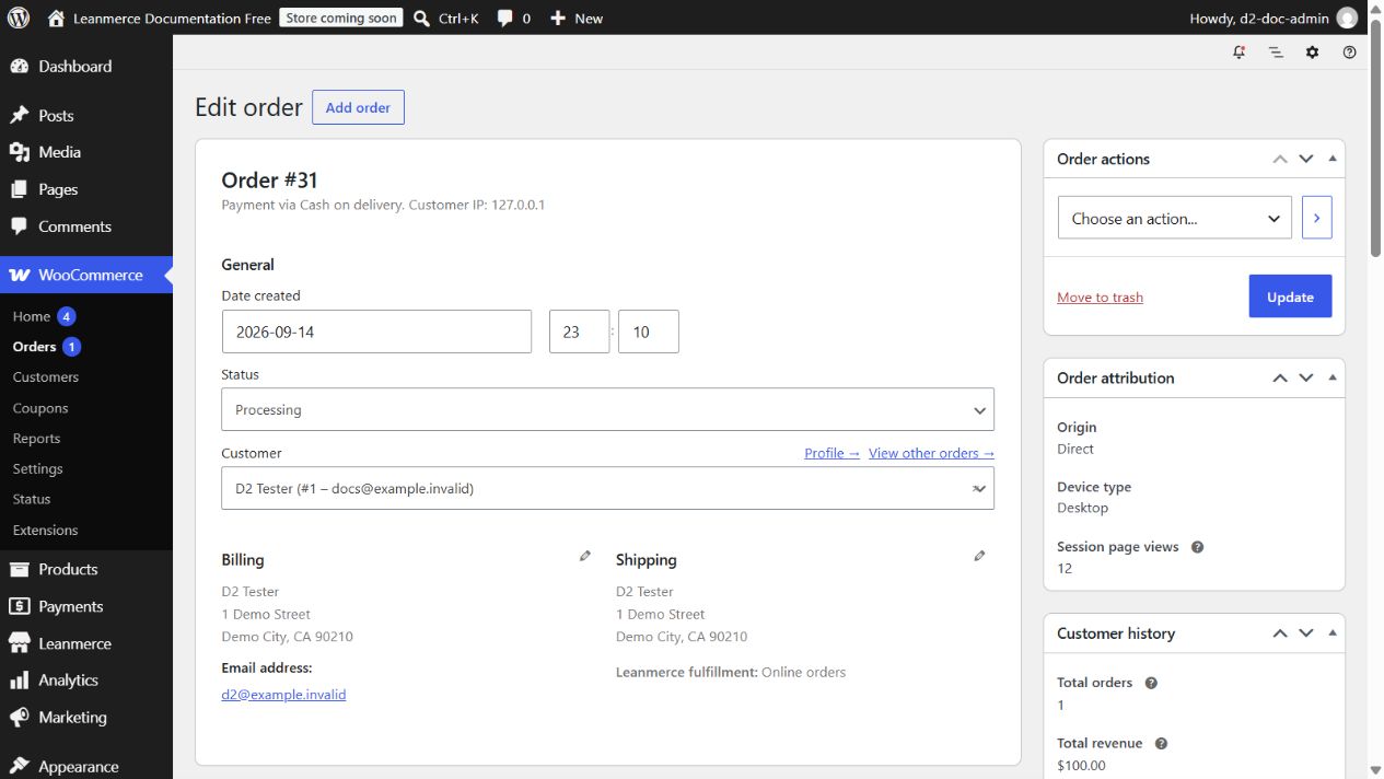 The order shows the selected Leanmerce fulfillment location