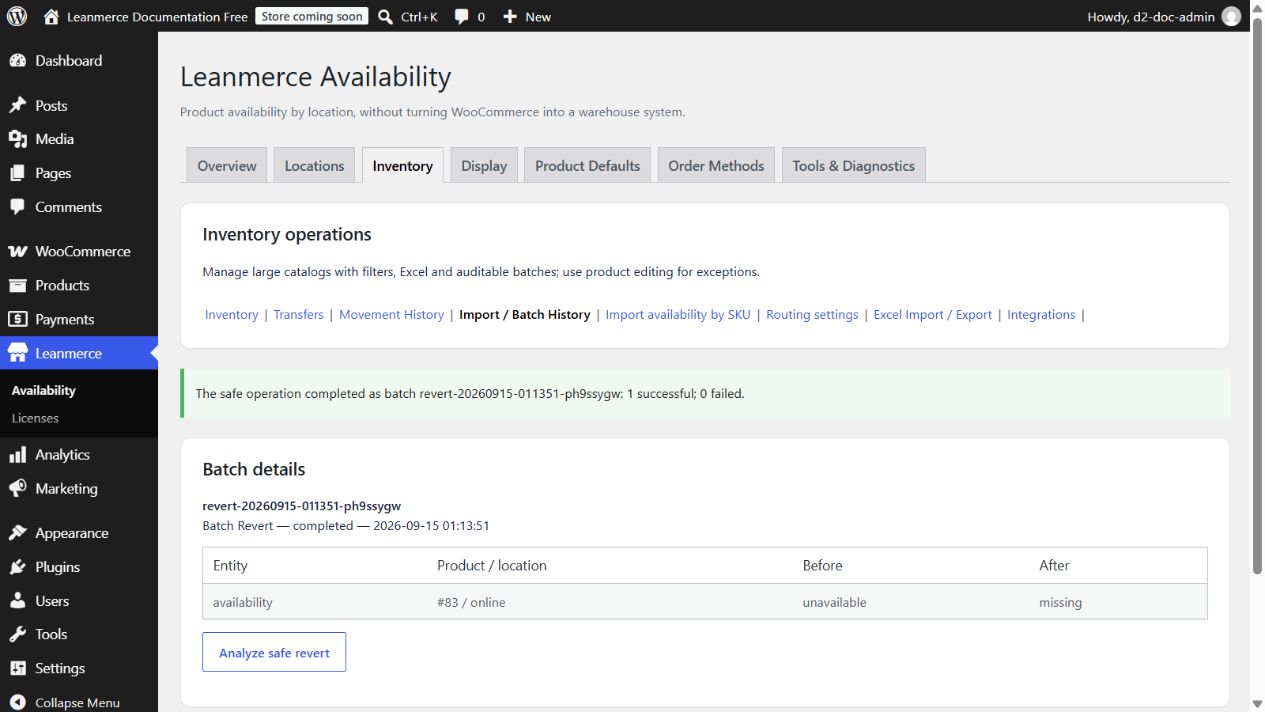 Safe Revert result page showing the actual batch ID and successful count