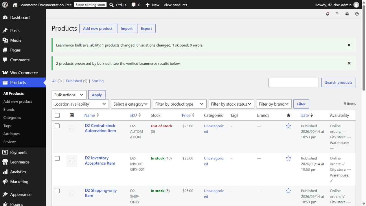 Verified WooCommerce Bulk Edit result and Leanmerce counters
