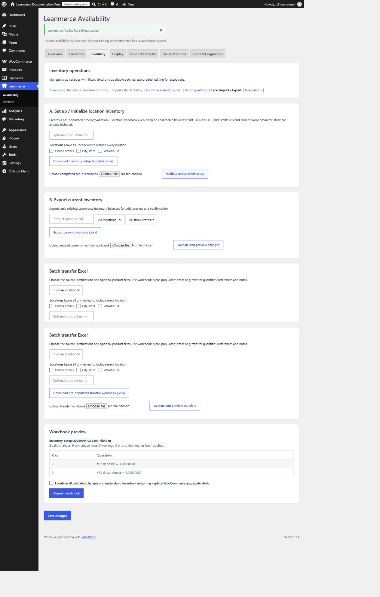 Inventory setup workbook preview with two valid changes