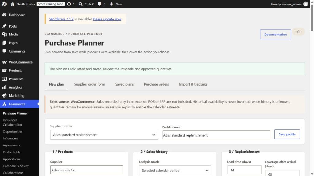 Purchase plan results showing demand, stock, reorder proposals and Calendar Estimate warnings