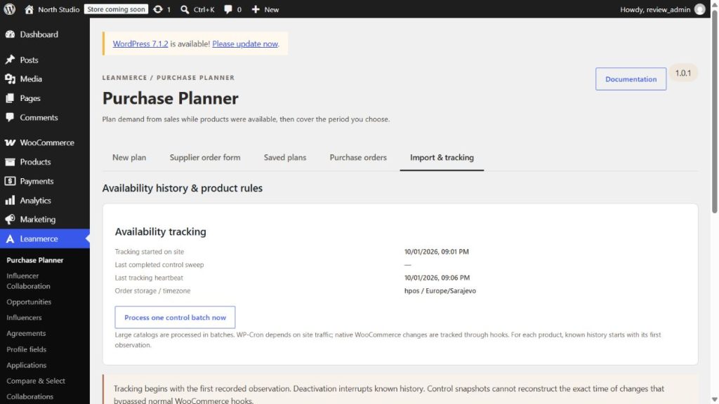 Import and tracking screen for verified availability history and supplier rules