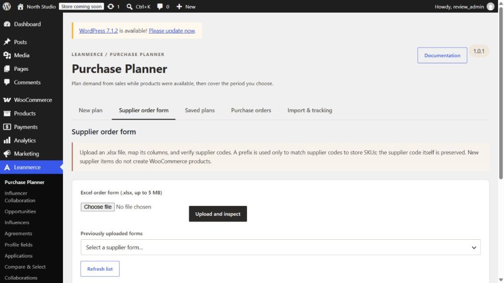Supplier order form screen for uploading and reconciling XLSX files