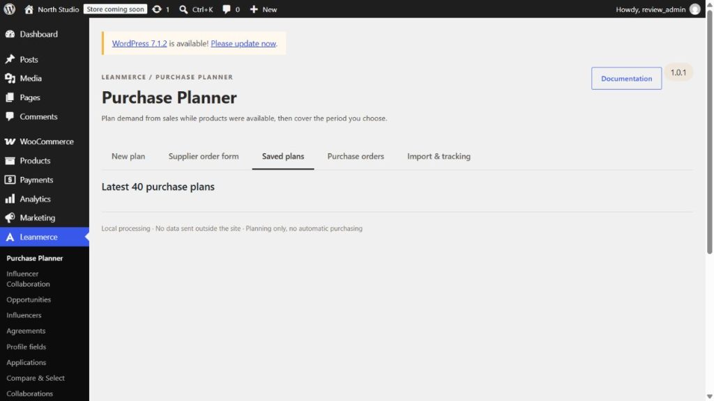 Saved purchase plans screen in Leanmerce Purchase Planner