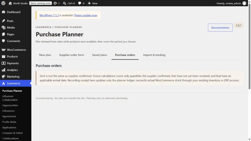 Purchase orders screen explaining requested, confirmed, shipped and received evidence