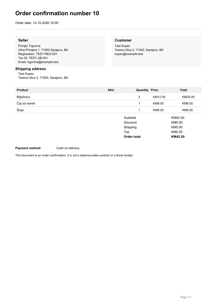 Example Basic PDF order confirmation from Commerce Assistant Free 0.12.7 with synthetic test data
